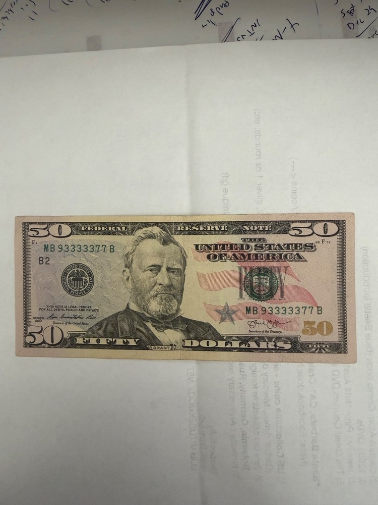 $50 Bill - Trinary - MB 93333377 B  (one digit off a binary note)