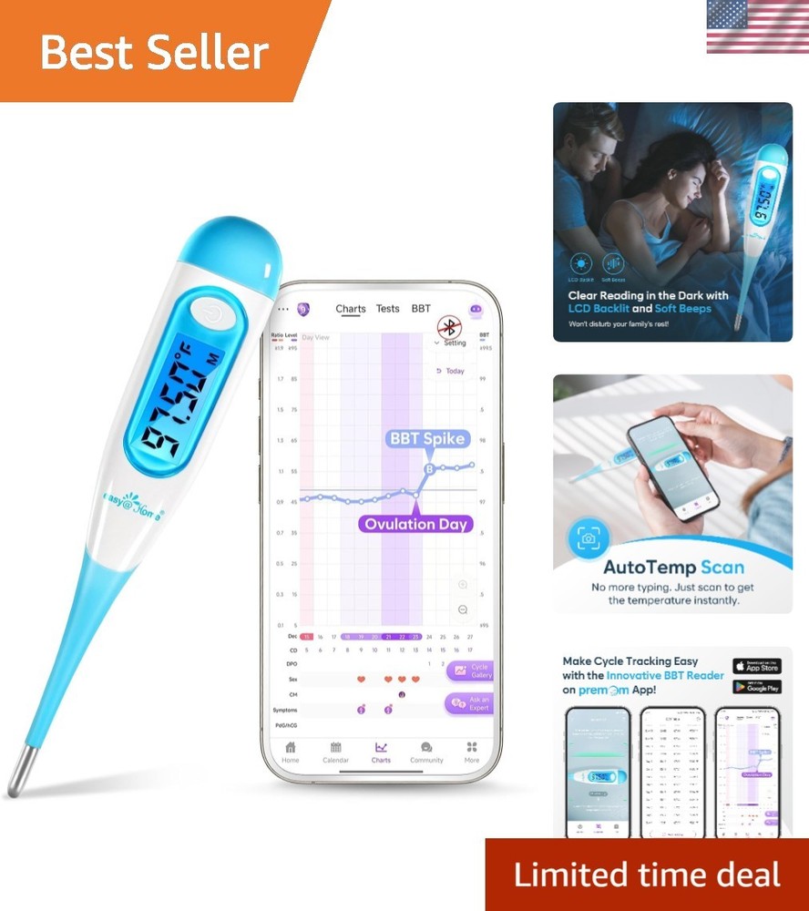 Precision Ovulation Thermometer with Waterproof Probe - Easy Scan & Record, Blue