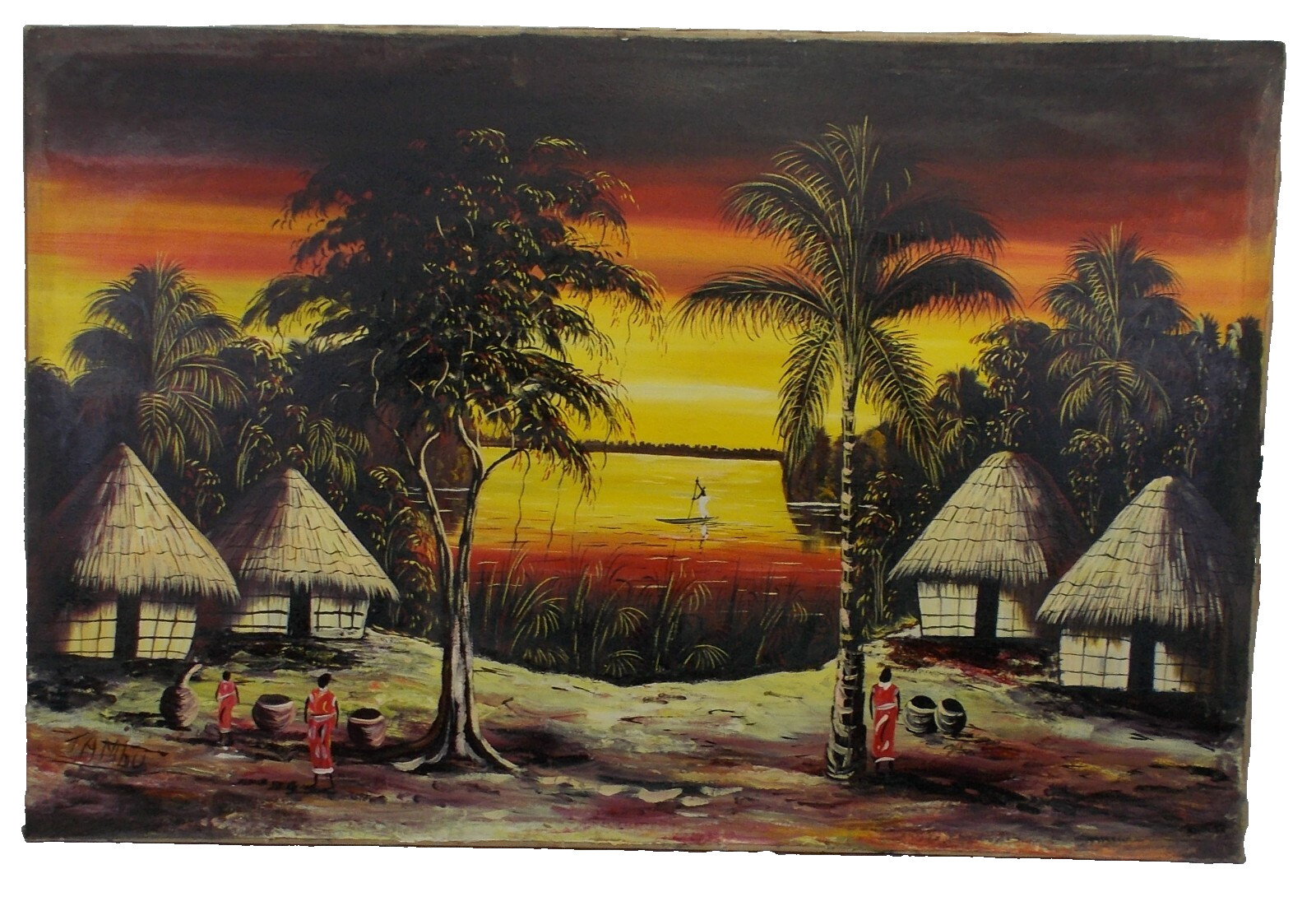 TAMBU 1960's  Senegal African oil painting  beach village sunset  43 x 28'