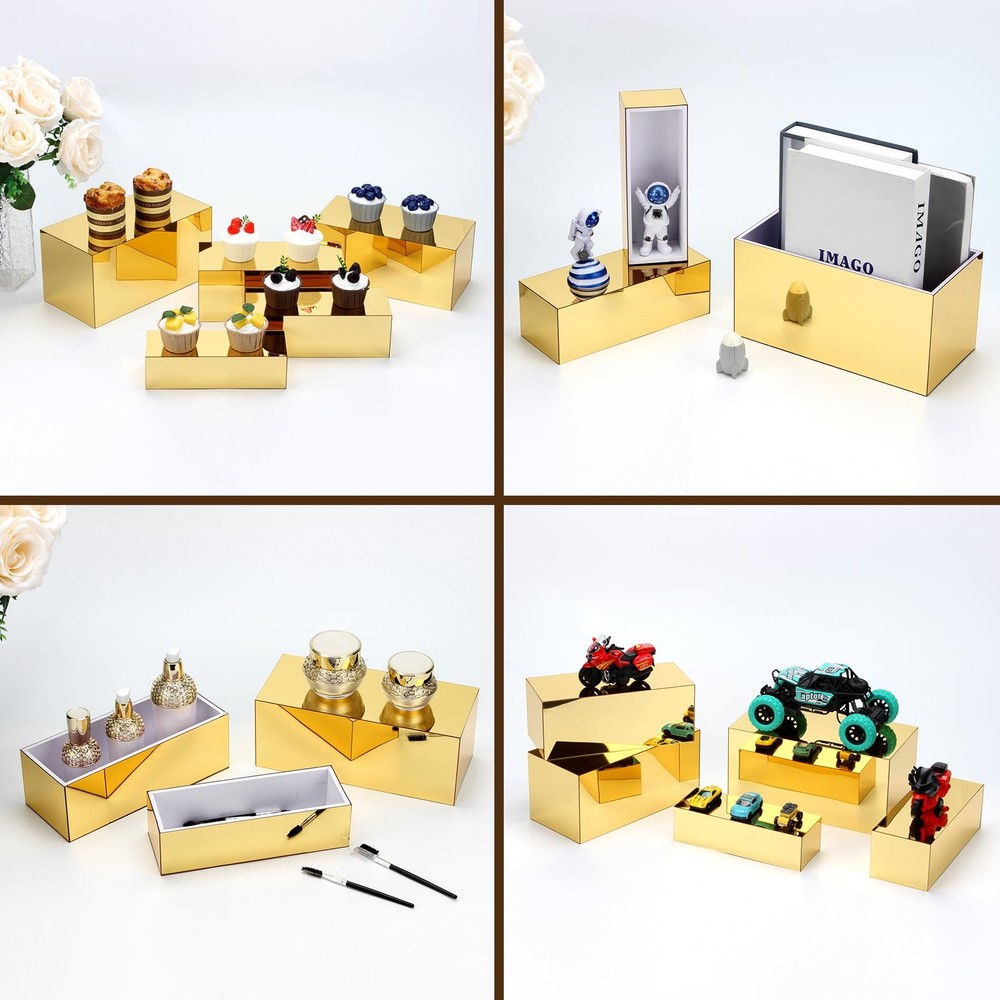 Rectangular Acrylic Food Display Risers, 5 Pcs Gold Mirror Boxes Display Nest...