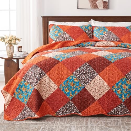 Quilt Bedding Set, 3 Piece Multicolour Patchwork Print Bedspreads Queen Orange