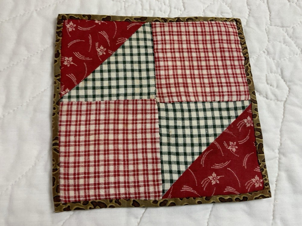 Antique Patchwork Quilt Table Topper, Four Patch, Early Calicos, Checks, Red