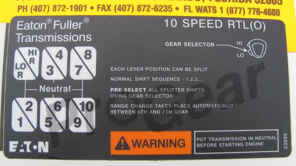 Eaton Fuller SUPER 10 Transmission Shift Pattern label 23205