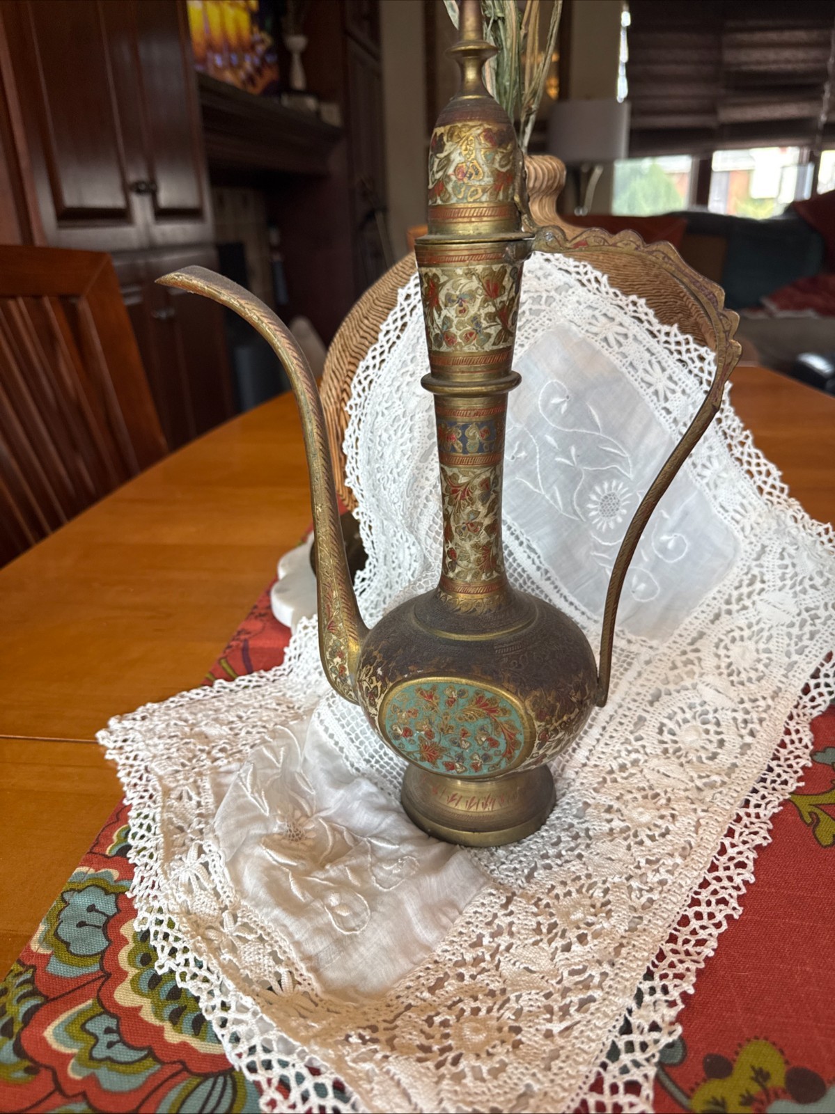 Vintage Etched Brass Oil Decanter Hinged Lid Made in India Water Floral Ornate