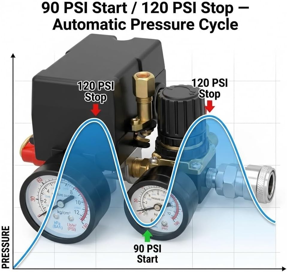 Versatile Air Compressor Pressure Control Switch - 90-120 PSI Adjustable Range