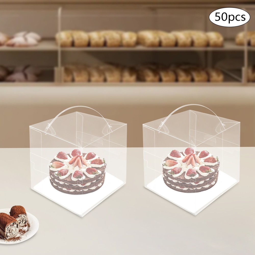 50 Count Clear Cake Boxes Set - Square Design with Sturdy Handle