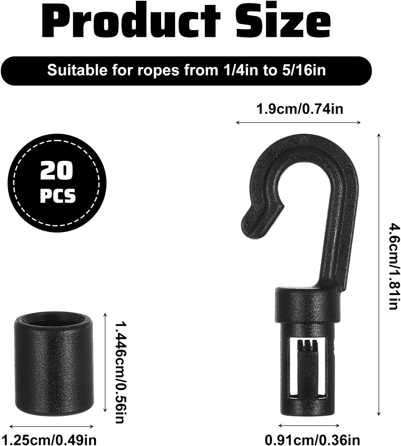 20 Pcs Bungee Cord Hooks, Shock Cord Hooks for 1/4" and 3/16" Rope Terminal Ends