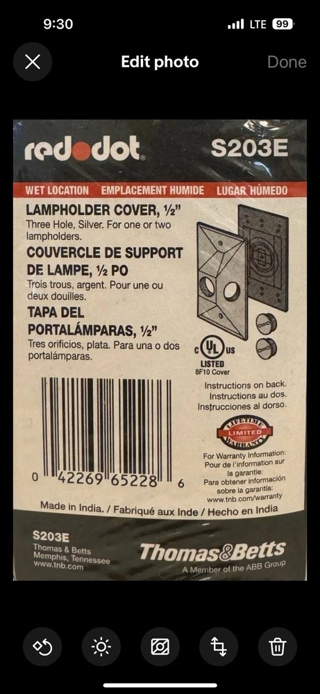 Thomas & Betts Red Dot 1/2-inch 3-Hole Rectangular Lampholder Cover S203E/Gray