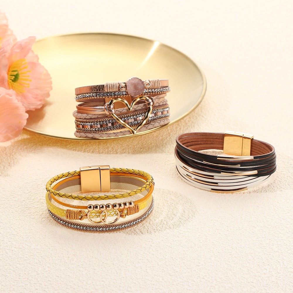 Leather Wrap Bracelets, Hand Woven Multilayer Stackable Boho, Yellow