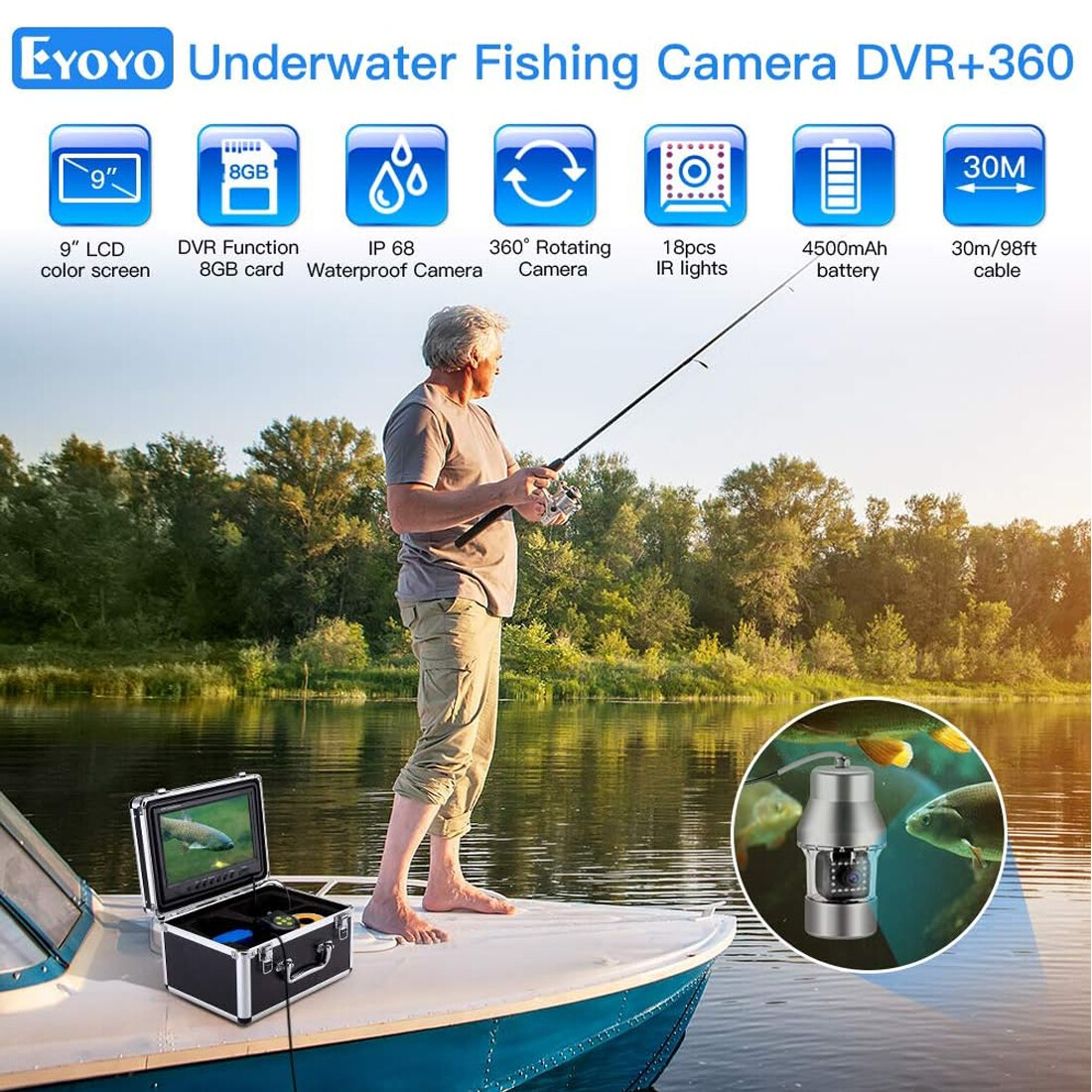 Eyoyo 9'' Underwater 360° Horizontal Fishing Camera 30M Cable 8GB Fish Camera