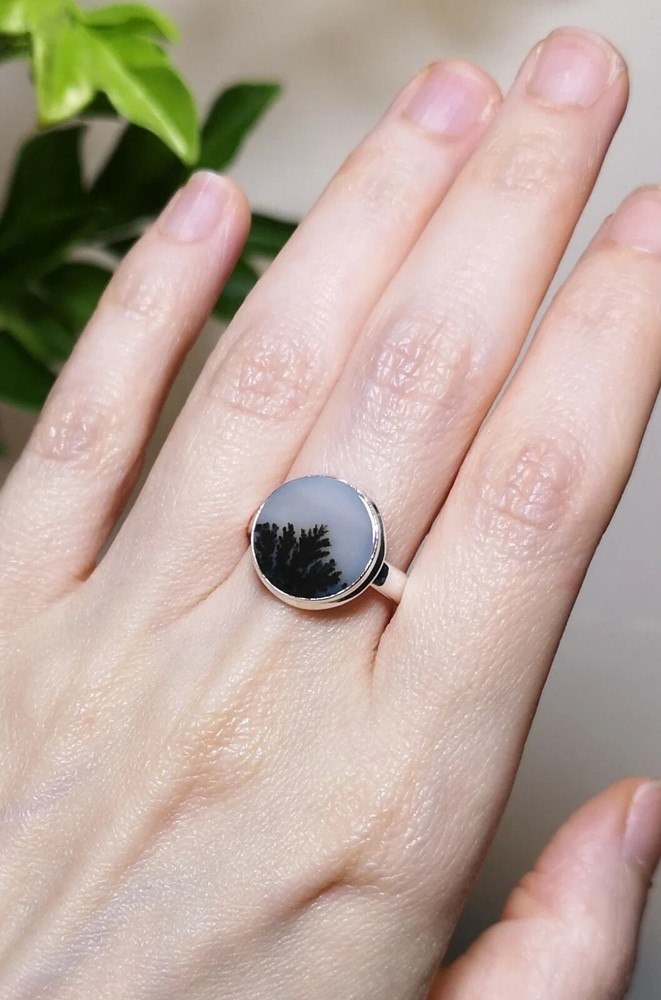 scenic Dendritic Agate Sterling Silver Ring US size 8.75