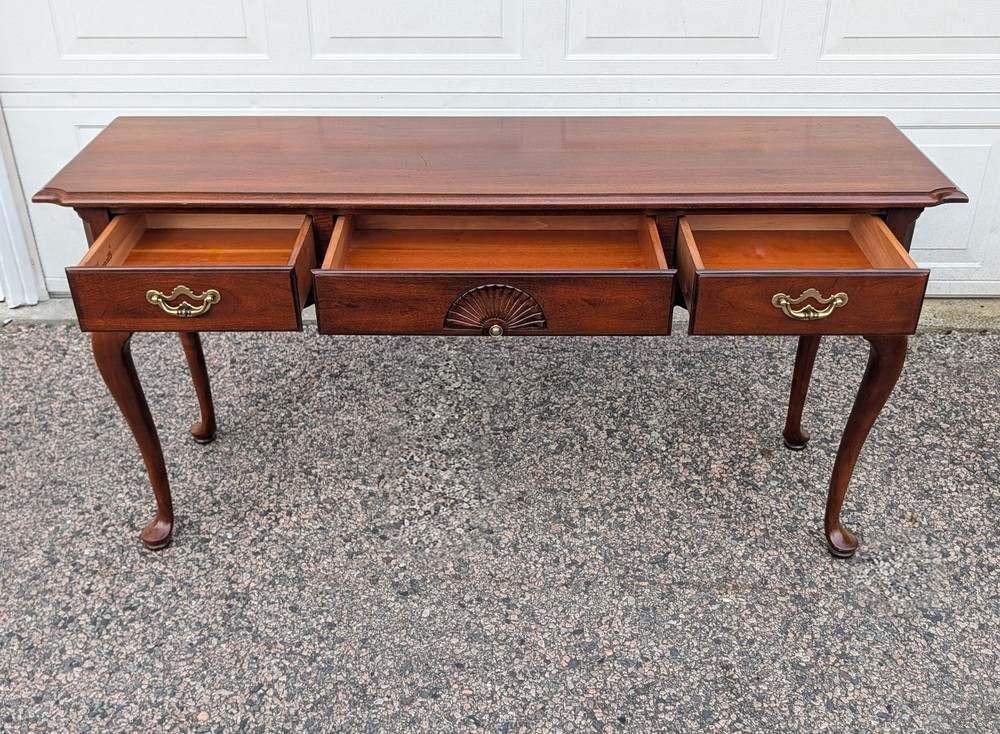 Vtg Thomasville Queen Anne Cherry Console Table, Brass Chippendale Pulls