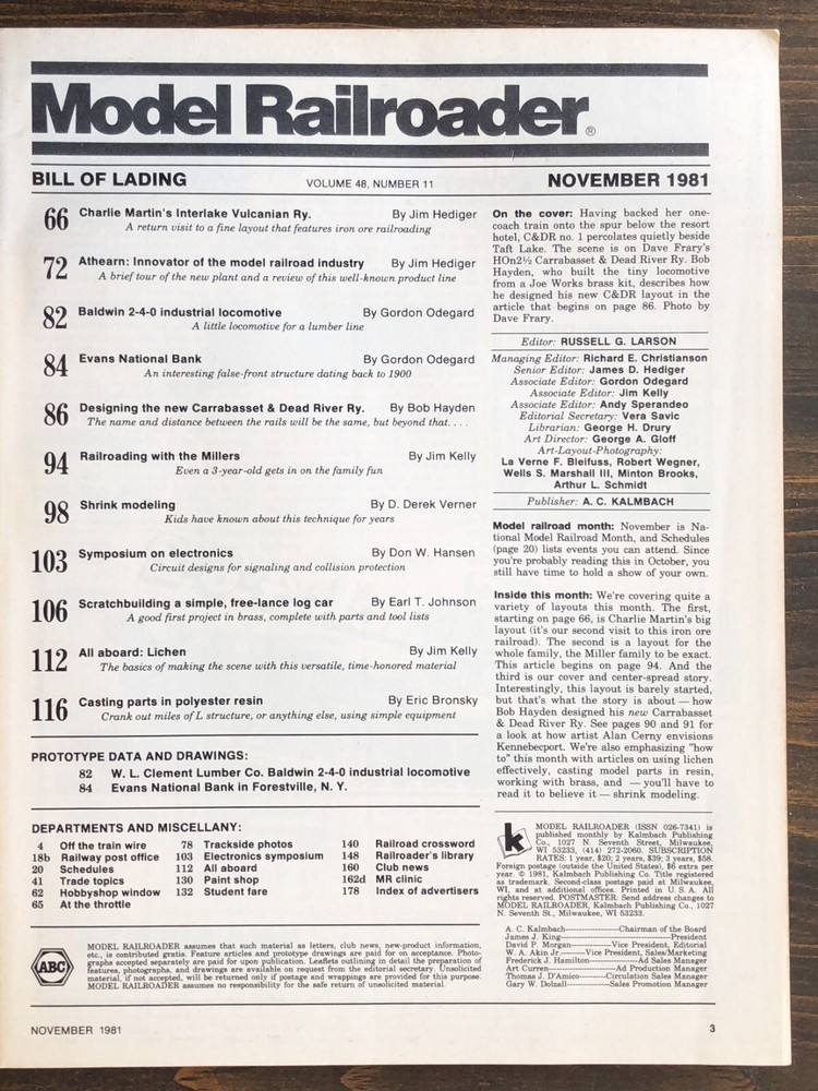 Model Railroader Magazine - 1981, 1 Issues Lot (November)