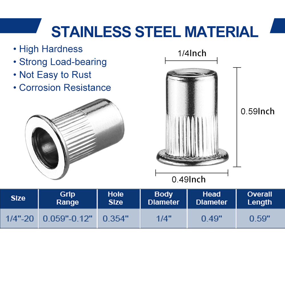 WORKPRO 50PC Rivet Nuts 1/4"-20 Flat Head Threaded Insert Stainless Steel Rivnut