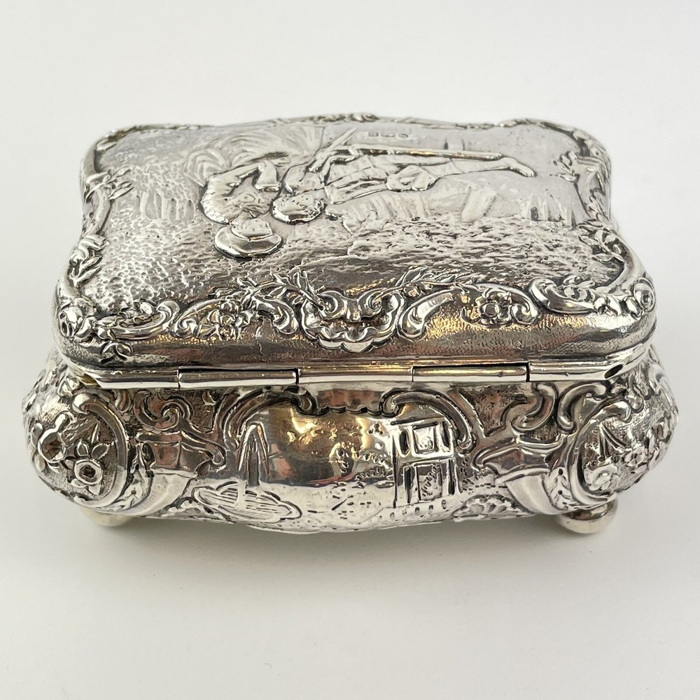 Antique Solid Silver Repousse Type Embossed Scene Trinket Box William Hutton 9cm