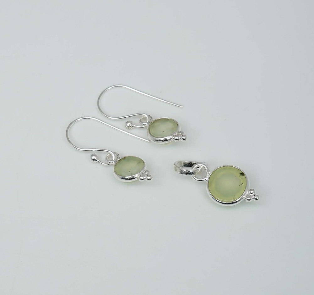 925 Solid Sterling Silver Green Prehnite Hook Earring Pendant Set