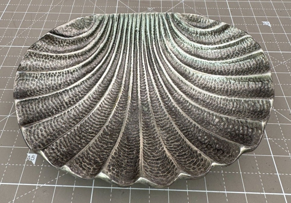 Vintage MCM Silver Colored Bronze Footed Clamshell Dish Fine Detail 7 3/8"