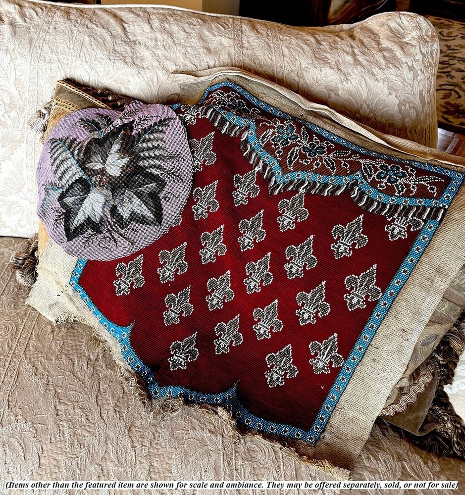 Fine Antique Beadwork Needlepoint Fire Screen Panel, Unused. French Fleur de Lys
