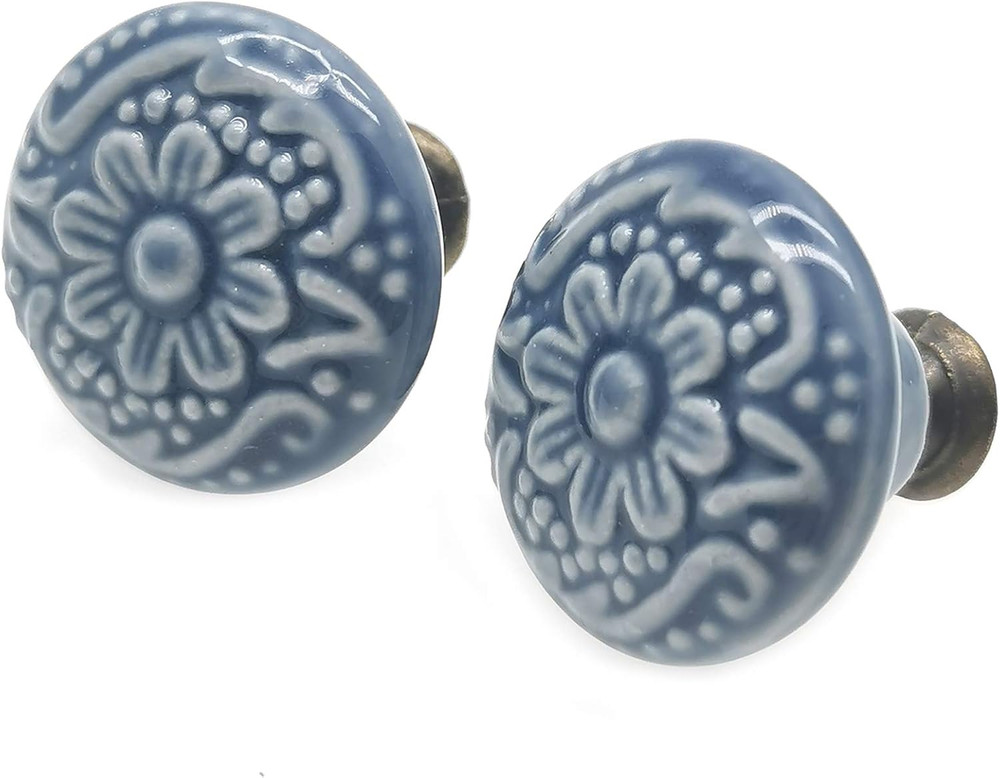 6 Pcs Ceramic Blue Drawer Knobs Vintage Flower Cabinet Knobs Furniture Pull Hand
