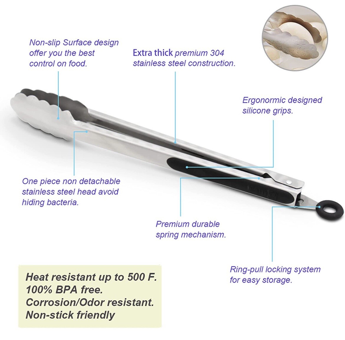 304 Stainless Steel Kitchen Cooking Tongs, 9" and 12" Set of 2