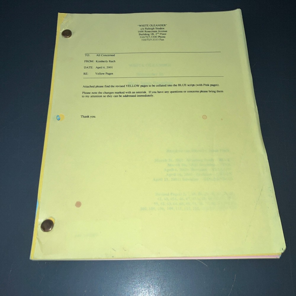 WHITE OLEANDER (4/21/01) Lohman/Pfeiffer/Wright / Kaminsky Rainbow Draft +COA!
