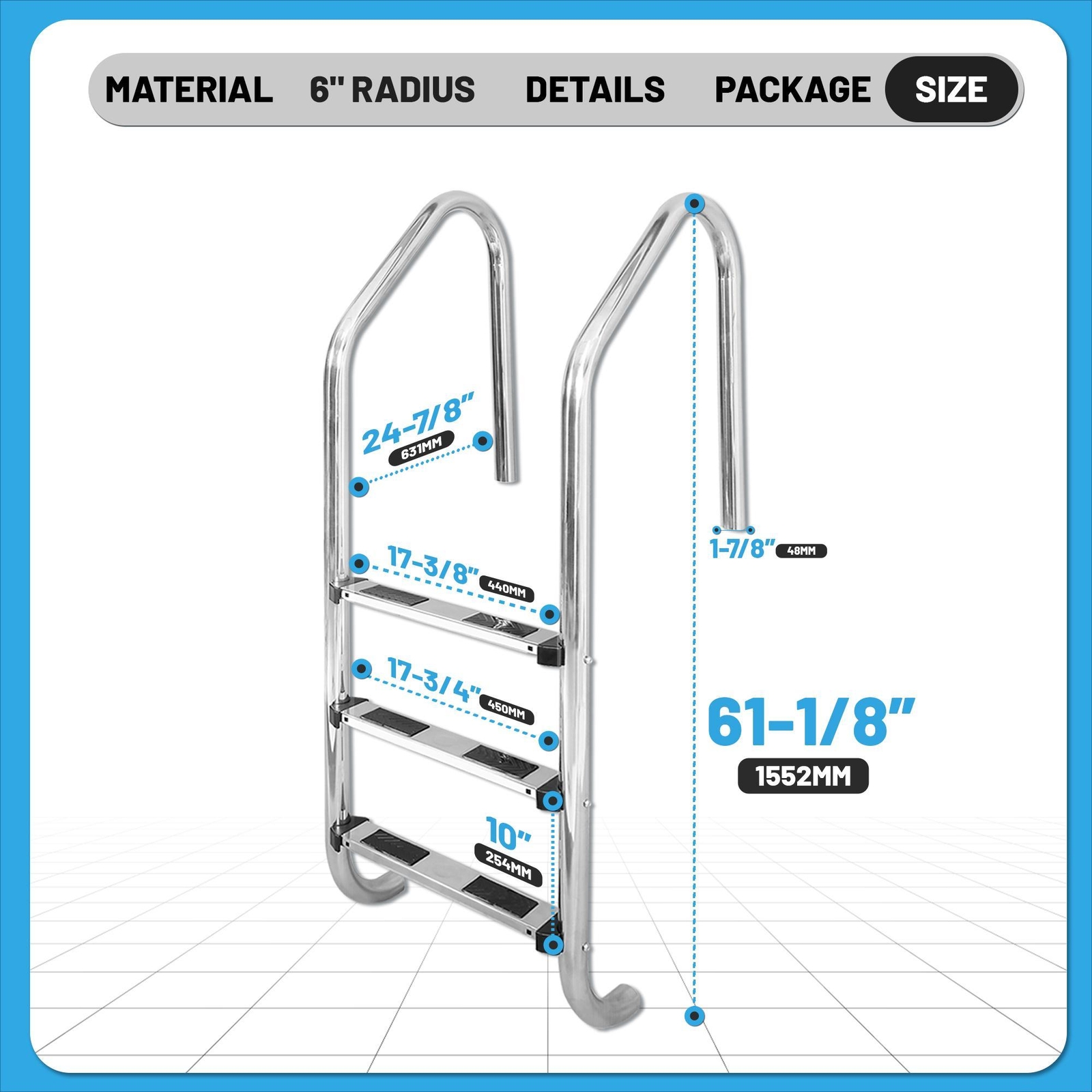 KOJEM Non-Slip 3-Step Stainless Steel Swimming Pool Ladder For In-Ground Pools