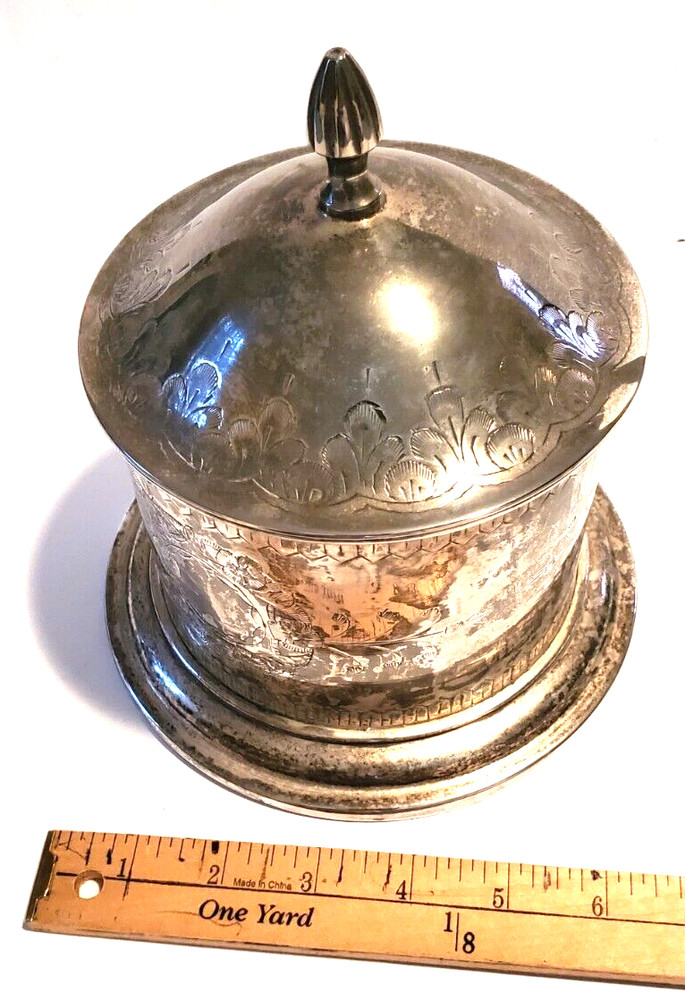 Vintage Silverplated Floral Etched Covered Biscuit Box Made in India Decorative