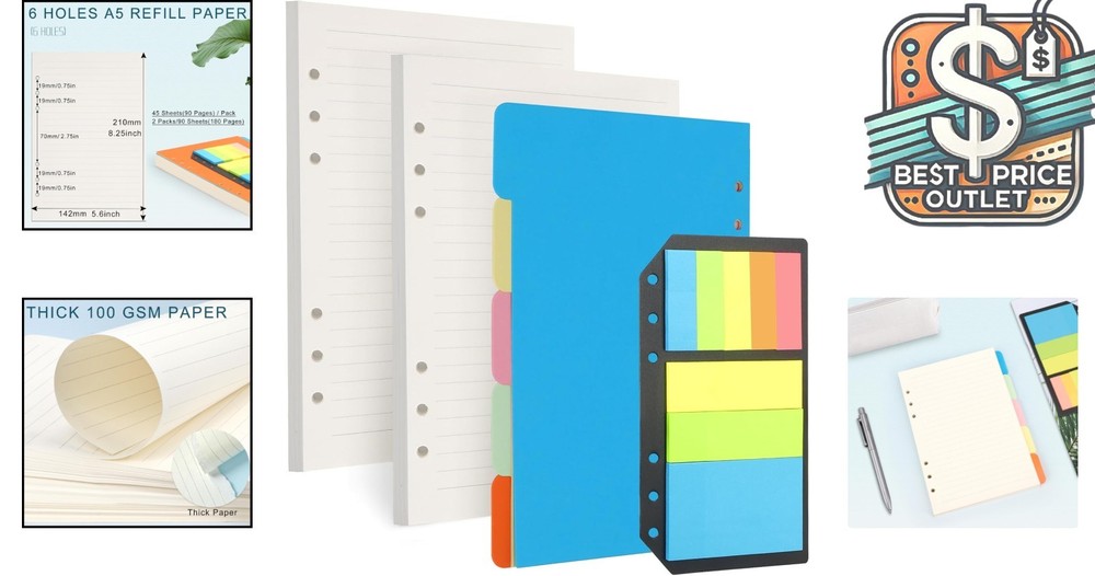 A5 Lined Paper Inserts - 180 Pages, 5 Dividers & Sticky Notes for Study