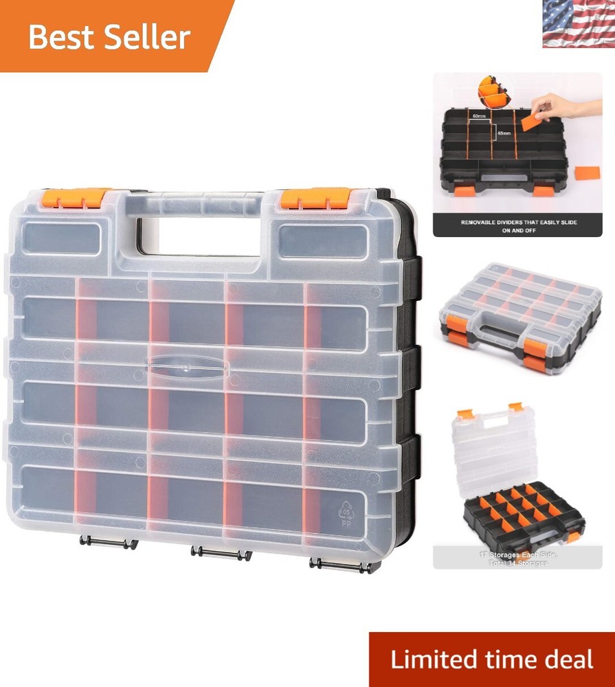 Impact-Resistant Tool Storage Box with Customizable Dividers, 34 Compartments