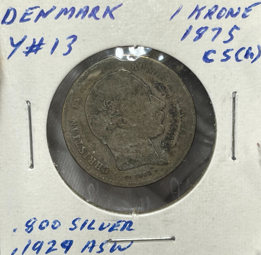 1875 Denmark One Krone Silver Coin