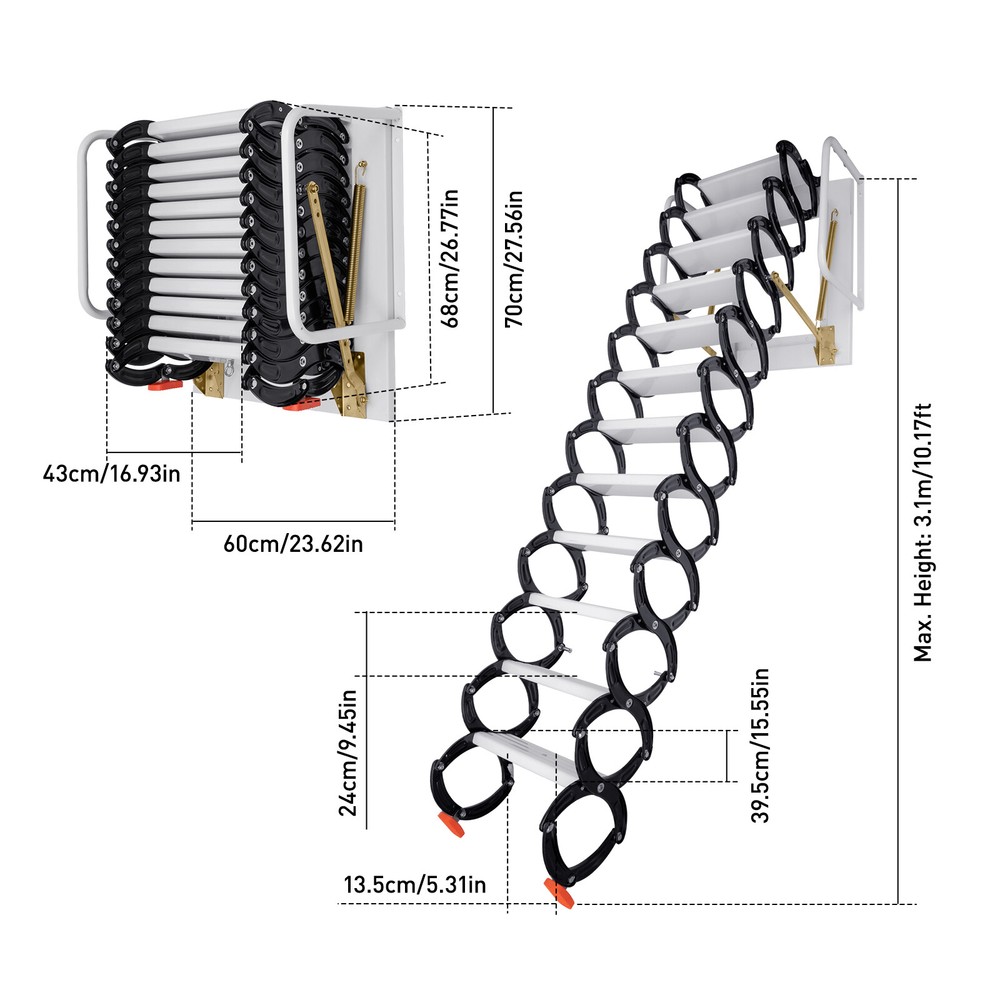 12 Steps Wall Mounted Folding Ladder Loft Stairs White Attic Steps Pull Down US