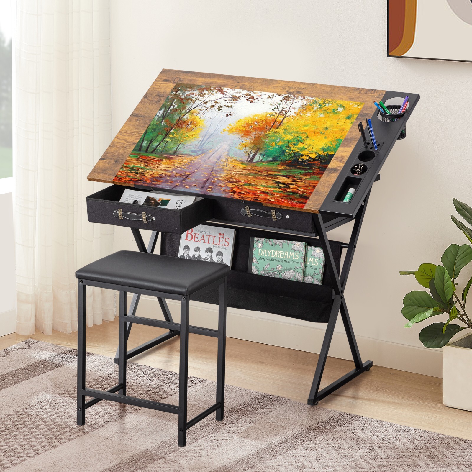Art Craft Table Drawing Table Tiltable Tabletop w/Stool and 2 Storage Drawers