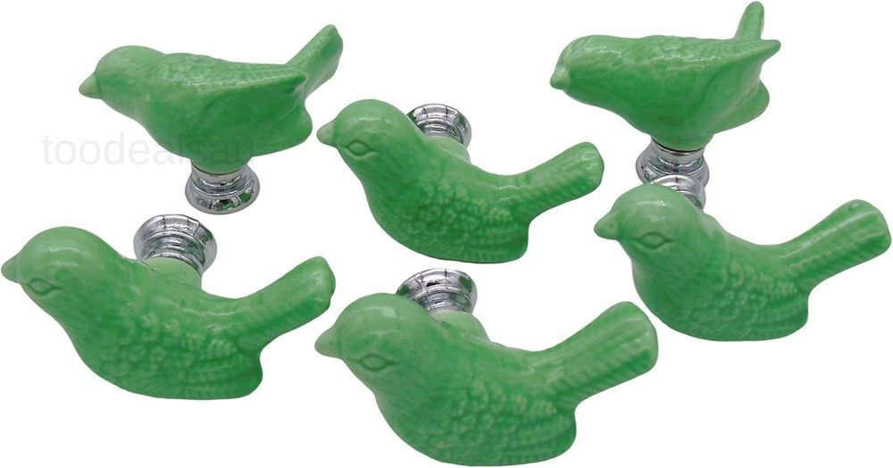 6pcs-Pack Vintage Ceramic Drawer Knobs and Pulls, Birds Art Decor Green