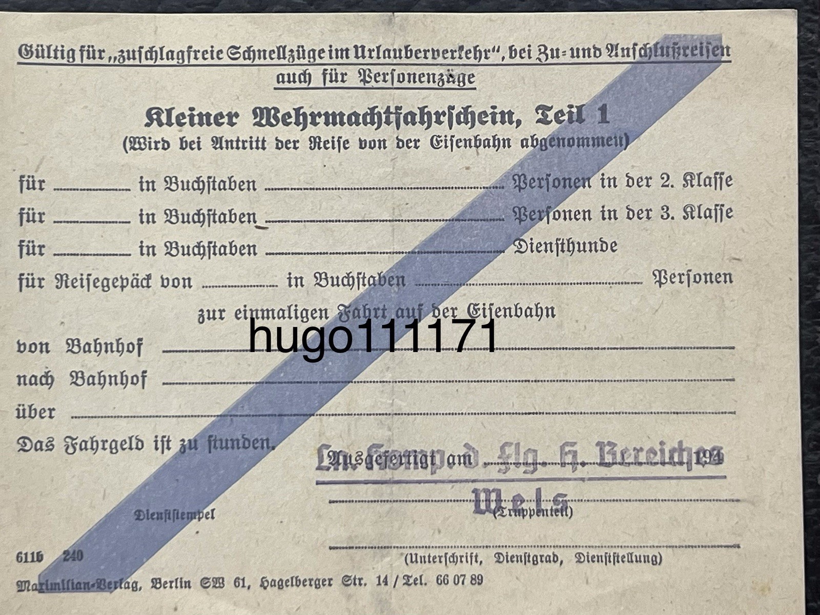 One German ww2 Dokument Wehrmachtfahrschein Official railway travel document
