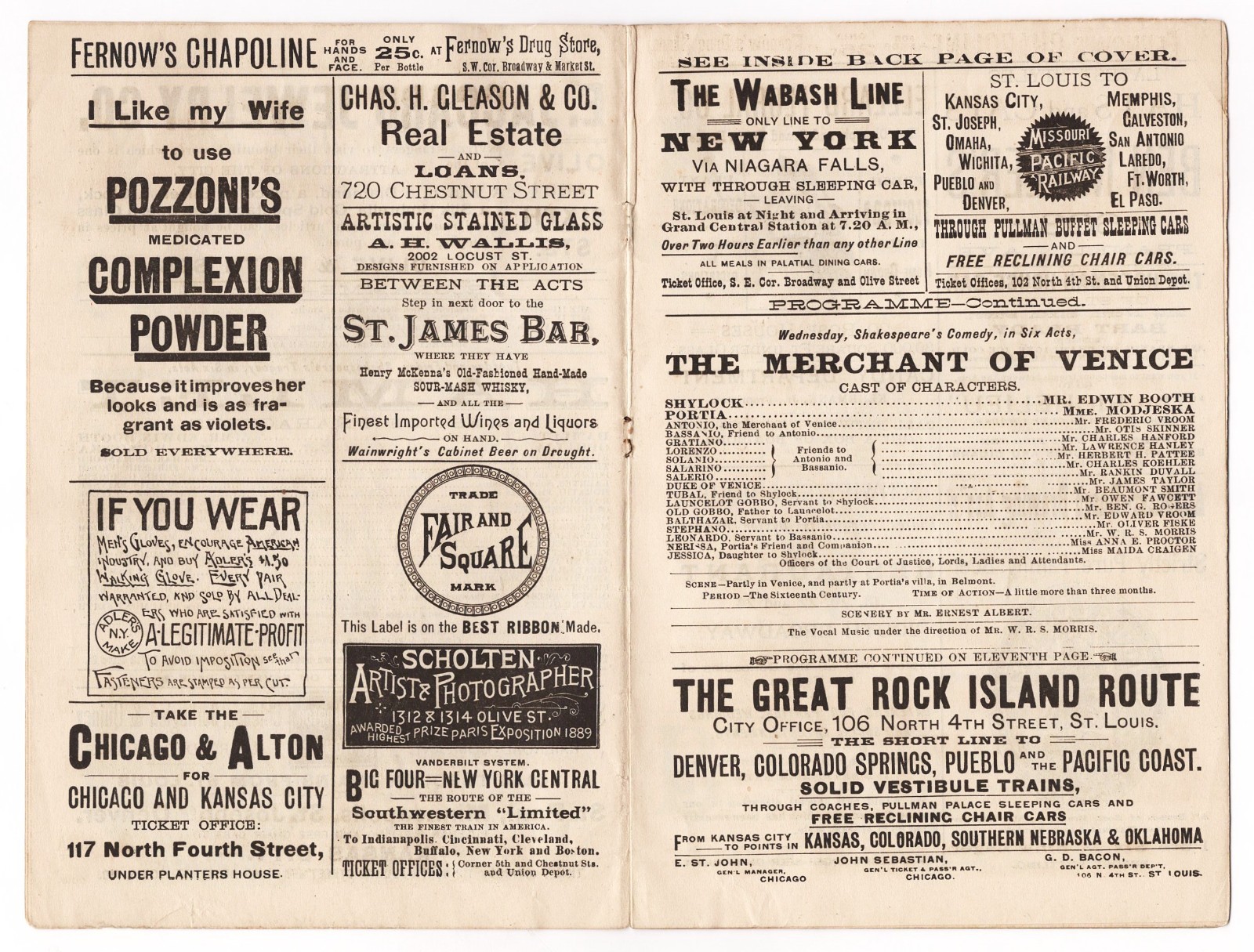 Edwin Booth "RICHELIEU" Helena Modjeska "HAMLET" Olympic 1890 St. Louis Program