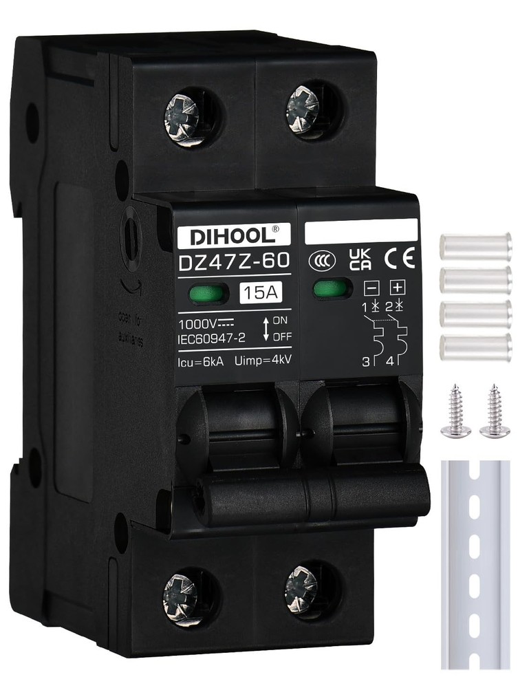 DIHOOL DC Circuit Breaker 15 Amp Solar Disconnect Switch 2P DC1000V, 15