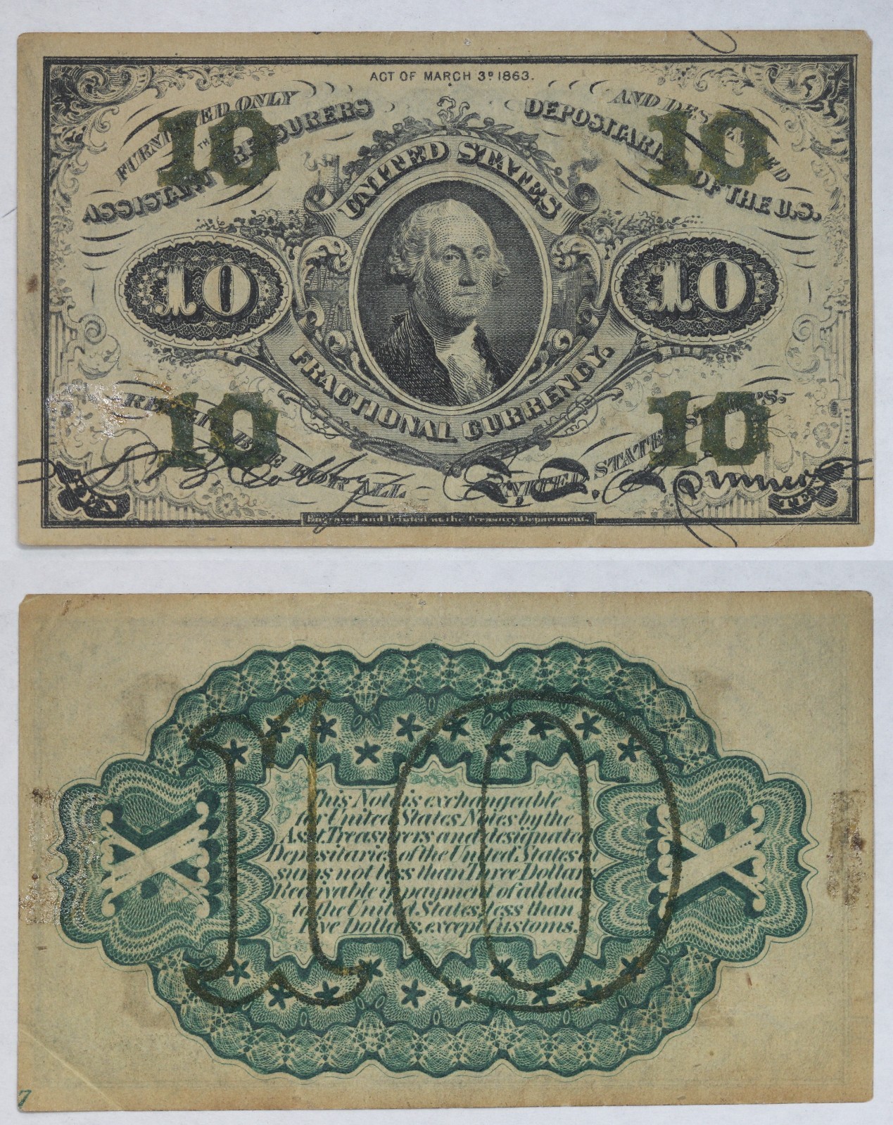 Series 1864 10 Cents Fractional Currency Note Friedberg 1255 XF 6FHF