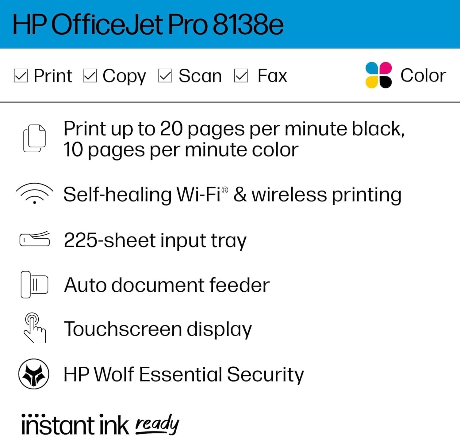 HP OfficeJet Pro 8138e Wireless All-in-One Color Inkjet Printer-Pro. Refurbished