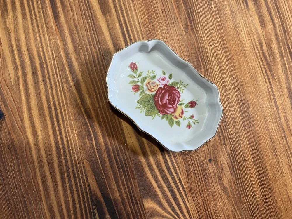 Rectangular Ceramic Floral Glossy Dish White Red Green Yellow Flowers