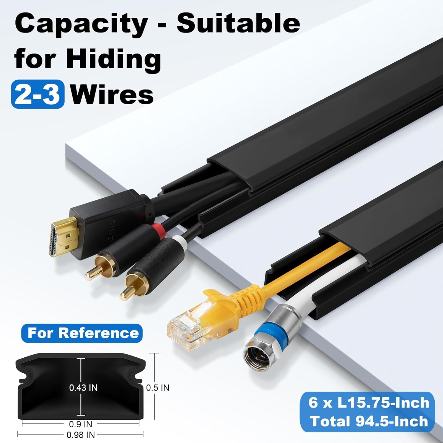 Black Cord Cover Wall Kit 94.5in Cable Raceway Concealer Wire Hider TV Mount