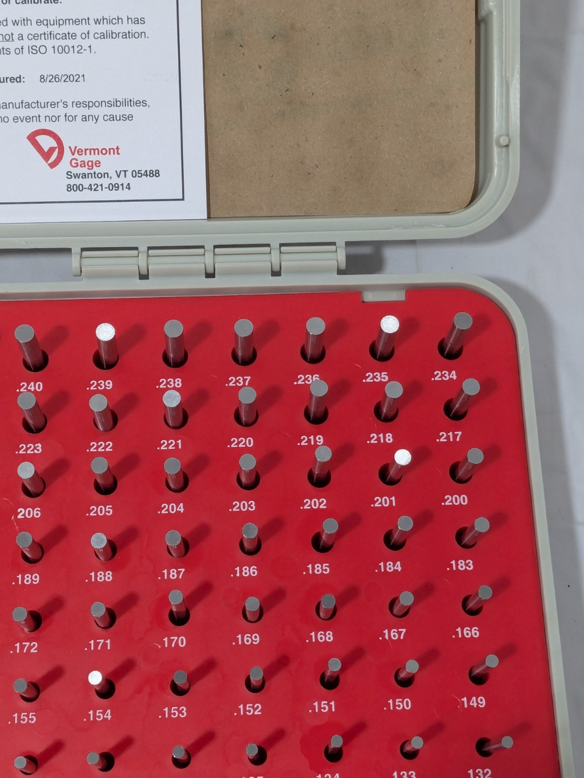 Vermont Gage 190 Pc Class ZZ Plug Gage Set: 0.061 to 0.25" Range 101200400