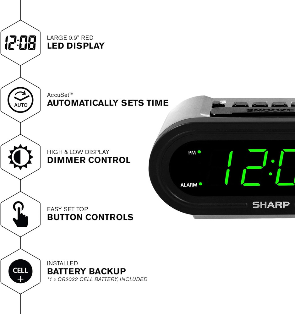 SHARP Digital Alarm with Accuset - Automatic Smart Clock, Never Needs Setting -