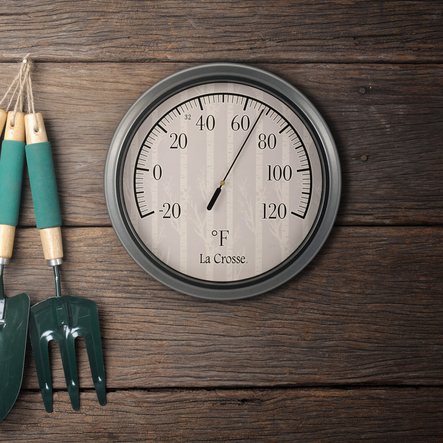 104-108B La Crosse 8" Round Indoor/Outdoor Thermometer with Birch Tree Dial