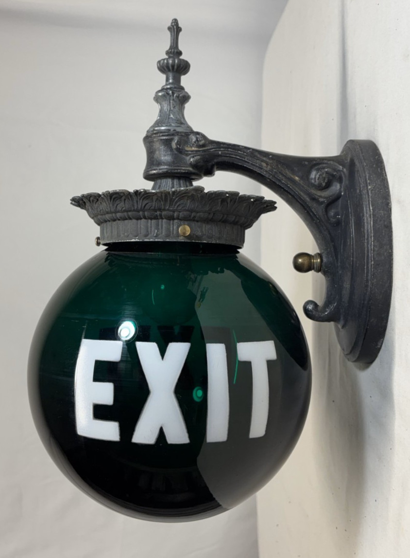 Exit Glass Light Shade Globe Vtg Wall Sconce Green Art Glass USA #L47