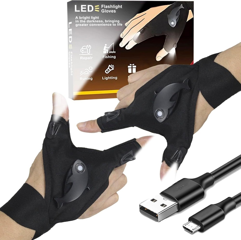 Waterproof Rechargeable LED Flashlight Gloves, Adjustable Strap,