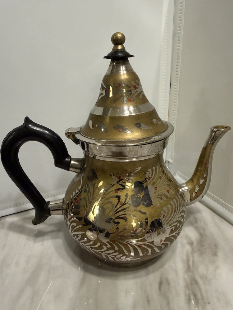 Vintage Tea Pot Small Middle Eastern Brass & Silver Plate