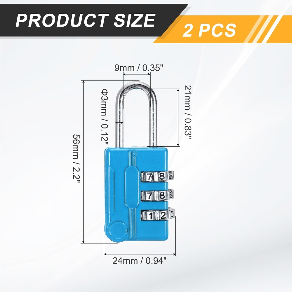 2Pcs Resettable 3 Digit Combination Lock Code Padlock, Blue (56 x 24mm)