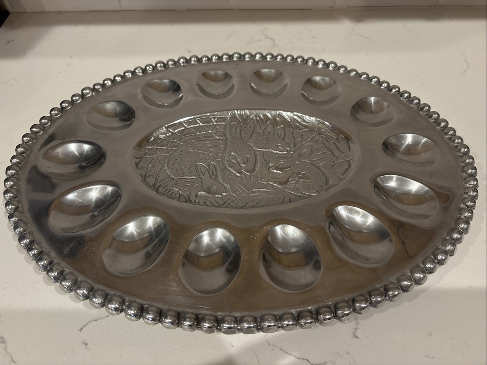 Oval Rabbit Deviled Egg Silver Tone Metal Platter Tray Beaded Trim