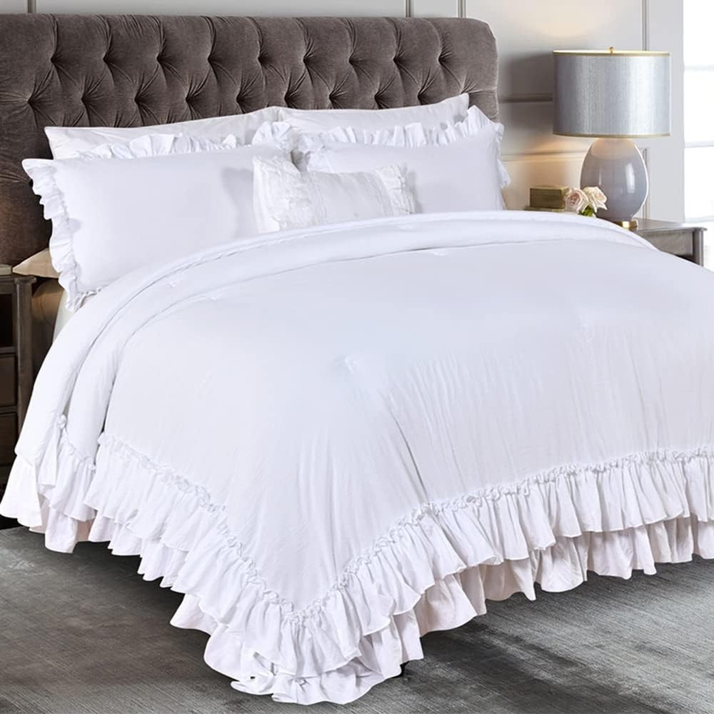 Masaca White Ruffled Shabby Comforter Set King,Boho Chic King,