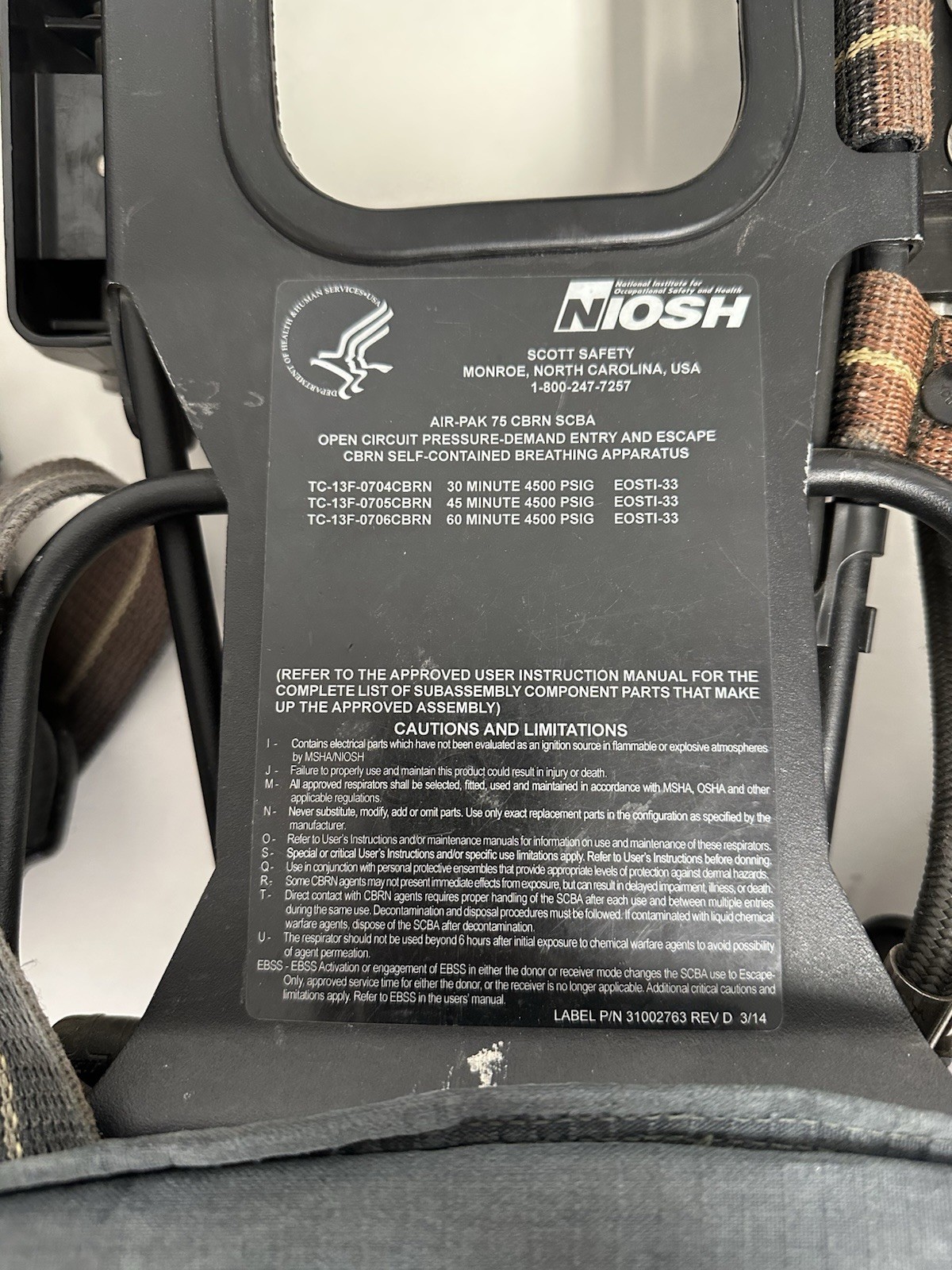 Scott AP75 Air-Pak 75 CBRN 4.5 SCBA Harness 2013 Edition w/ EZ flow regulator